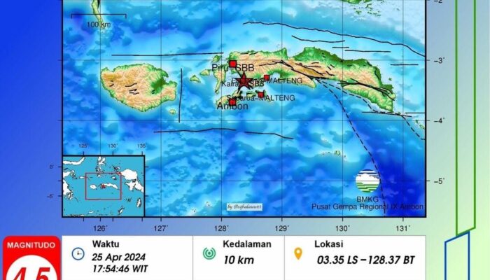 BMKG: Gempa 4.5 SR Guncang Kairatu-Seram Bagian Barat Sore Ini